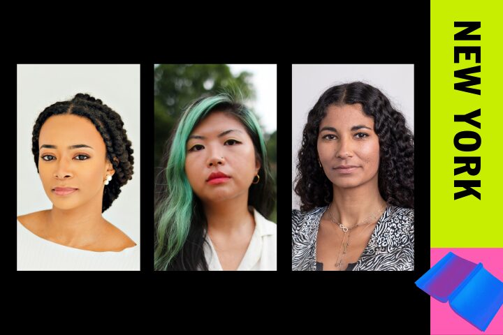 Three portraits of women are shown side by side on a black background. The right side has a vertical neon banner with the text NEW YORK. Two overlapping blue shapes are on a pink section at the bottom.