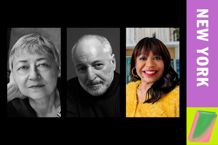 Three portraits are shown against a black background. The left image is a grayscale portrait of a woman, the center shows a grayscale portrait of a man, and the right is a color image of a smiling woman in a yellow top. A vertical banner reads NEW YORK.