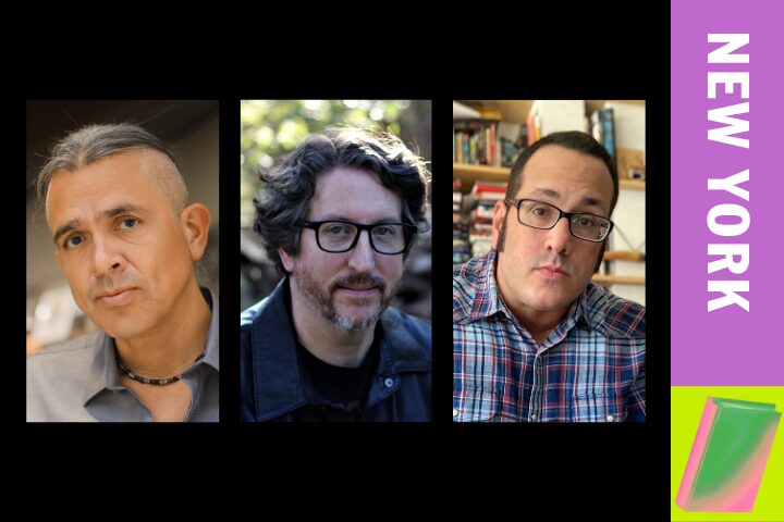 Three men with different hairstyles and glasses are shown in separate vertical frames against a black background. The right side features a purple banner with NEW YORK in white letters and a green-bordered abstract design at the bottom.