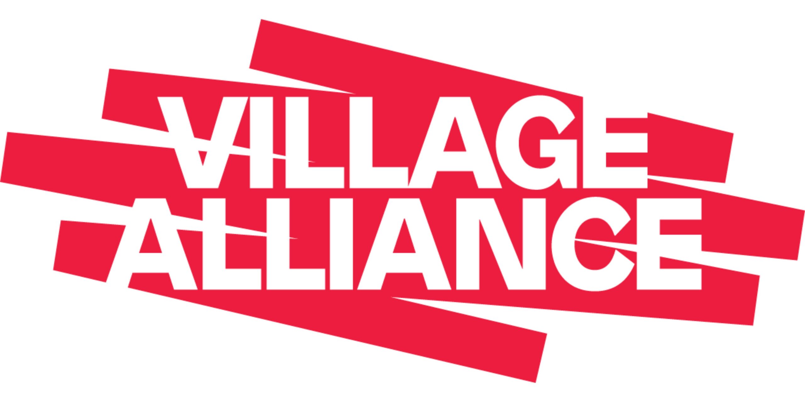 The image shows the words Village Alliance in bold white letters over a background of overlapping red rectangles.