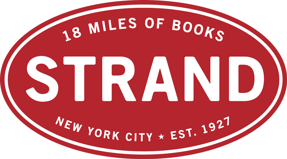 A red oval logo with white text. The center reads STRAND in large letters. Above it: 18 Miles of Books. Below: New York City * Est. 1927.