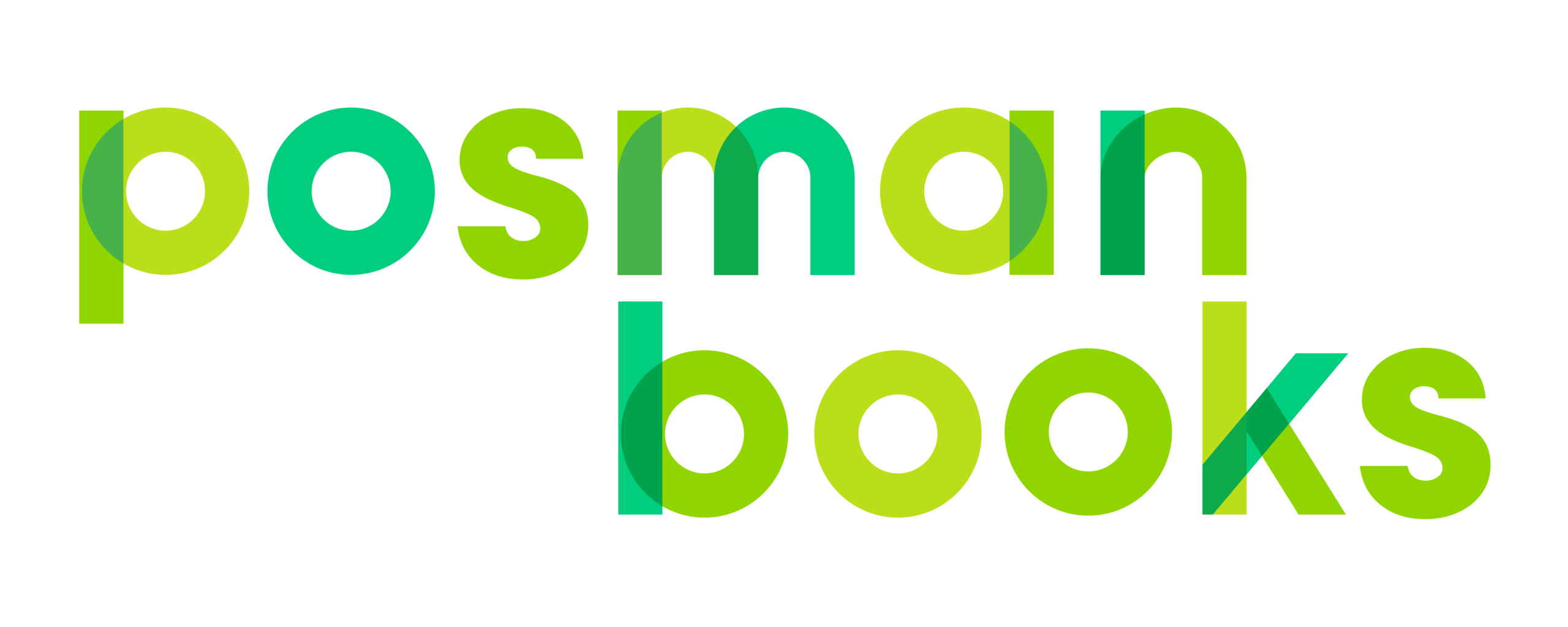 Logo with the text posman books in lowercase. The word posman is in green and blue overlapping letters, while books is in green and yellow overlapping letters, creating a layered effect.