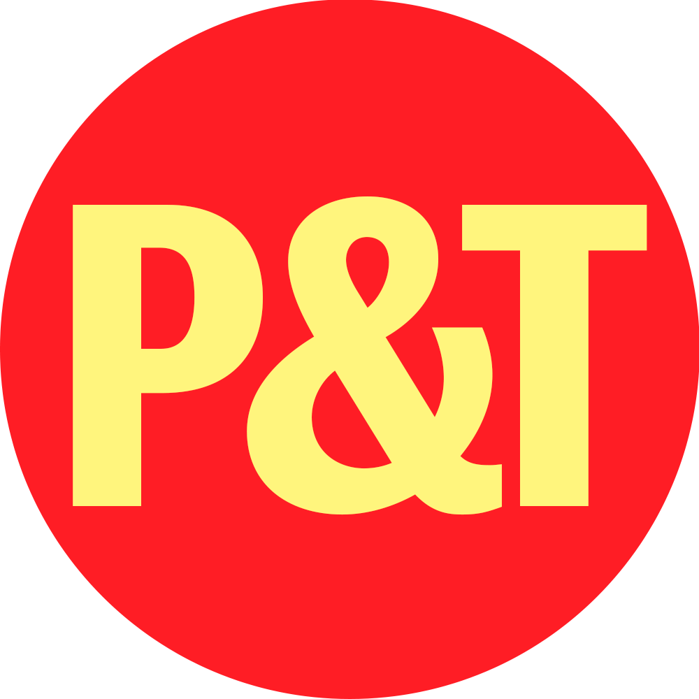 Bold yellow letters P&T on a bright red background.