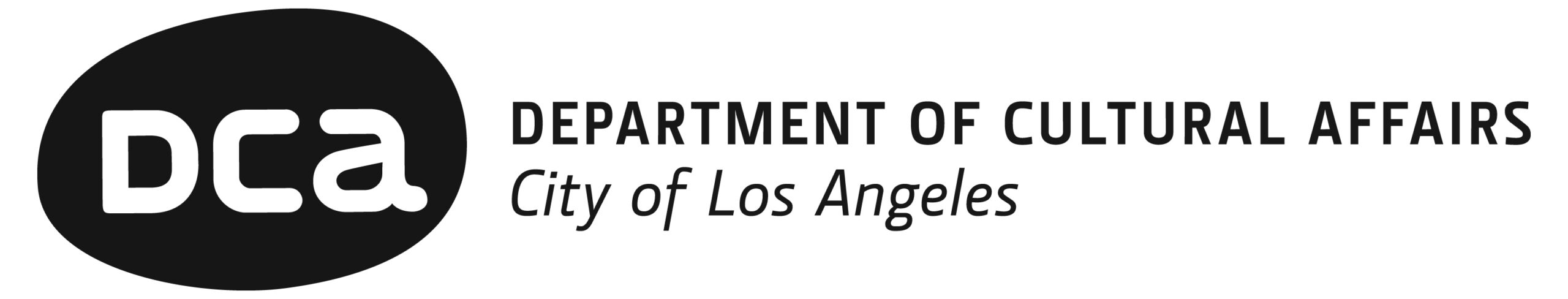 Logo of the Department of Cultural Affairs, City of Los Angeles. The black and white design features DCA in bold letters inside a black circle, with the department name and city listed to the right.