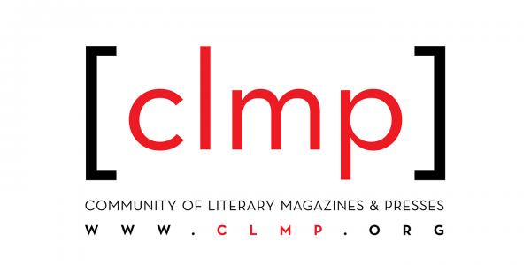 Logo of CLMP with red lowercase clmp in brackets. Below, it reads Community of Literary Magazines & Presses and www.clmp.org.