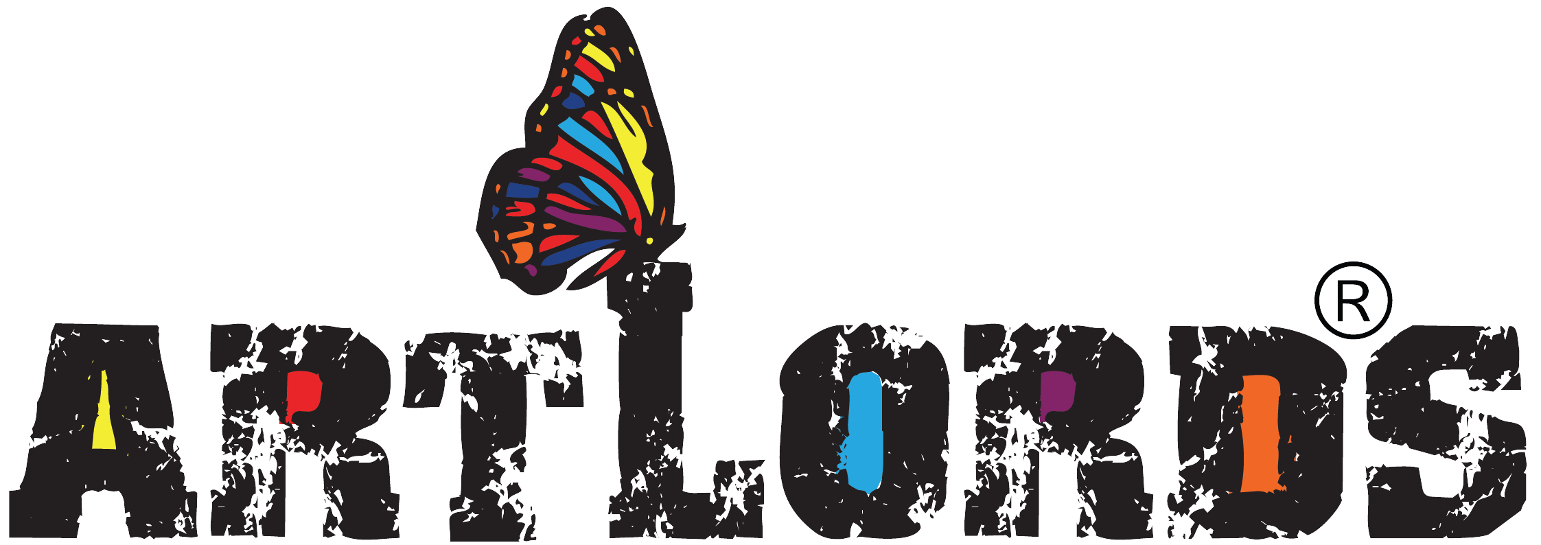 The image shows the word ArtLords in a textured black font. The L is topped with a vibrant, multicolored butterfly. Small patches of color are visible inside the letters.