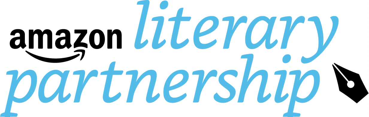 Blue text on a transparent background reads literary partnership in a lowercase, italic font.