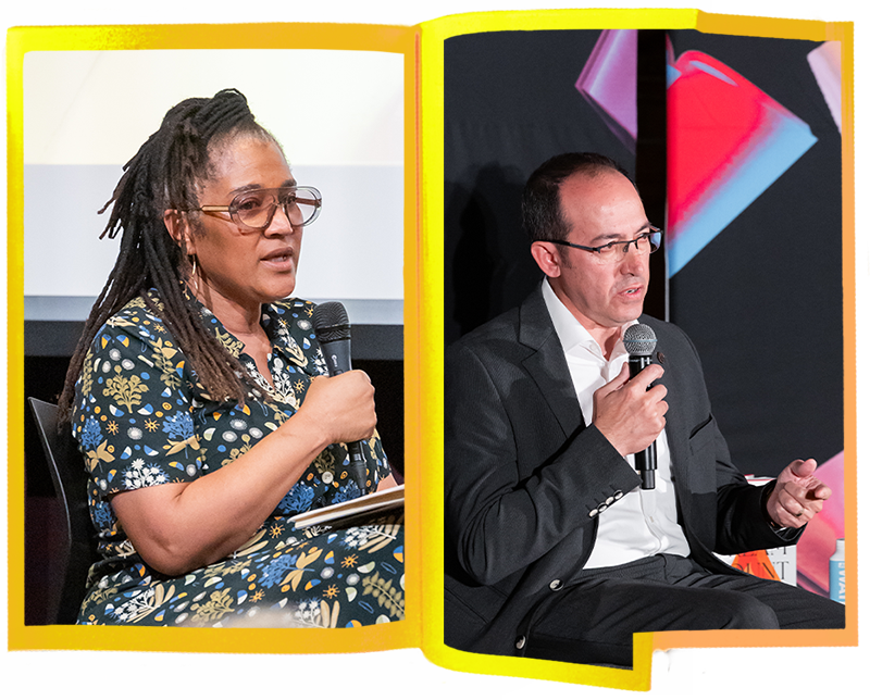 A woman in a floral dress and glasses and a man in a suit hold microphones while speaking at a book literary festival, each framed separately with a yellow border.