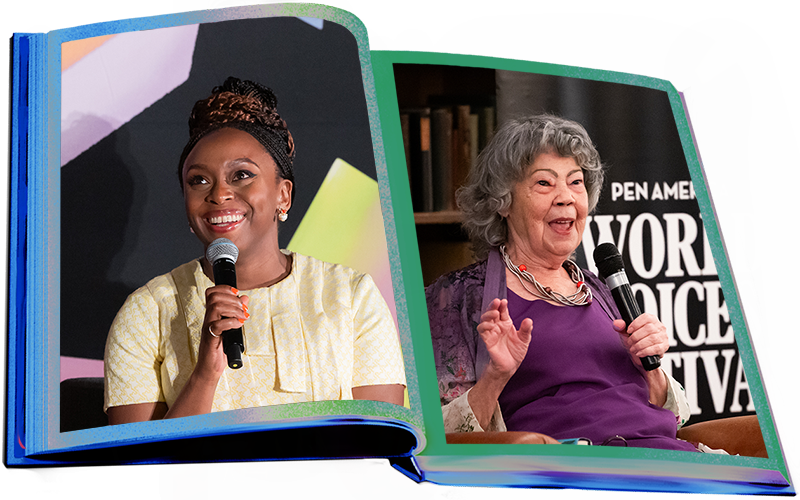 Two women speak into microphones at a book literary festival event. The image is framed by an open book—one woman smiles in a light yellow dress, while the other, in a purple top, gestures as she speaks.