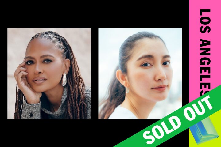 Two women’s portraits side by side on a black background; one has long braids and rests her head on her hand, the other has dark hair pulled back. A pink and green banner on the right reads LOS ANGELES and SOLD OUT.