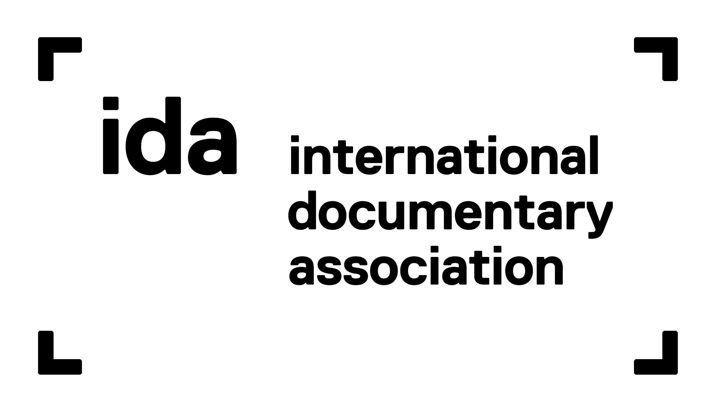 Black text on white background reads ida international documentary association with corner brackets framing the text.