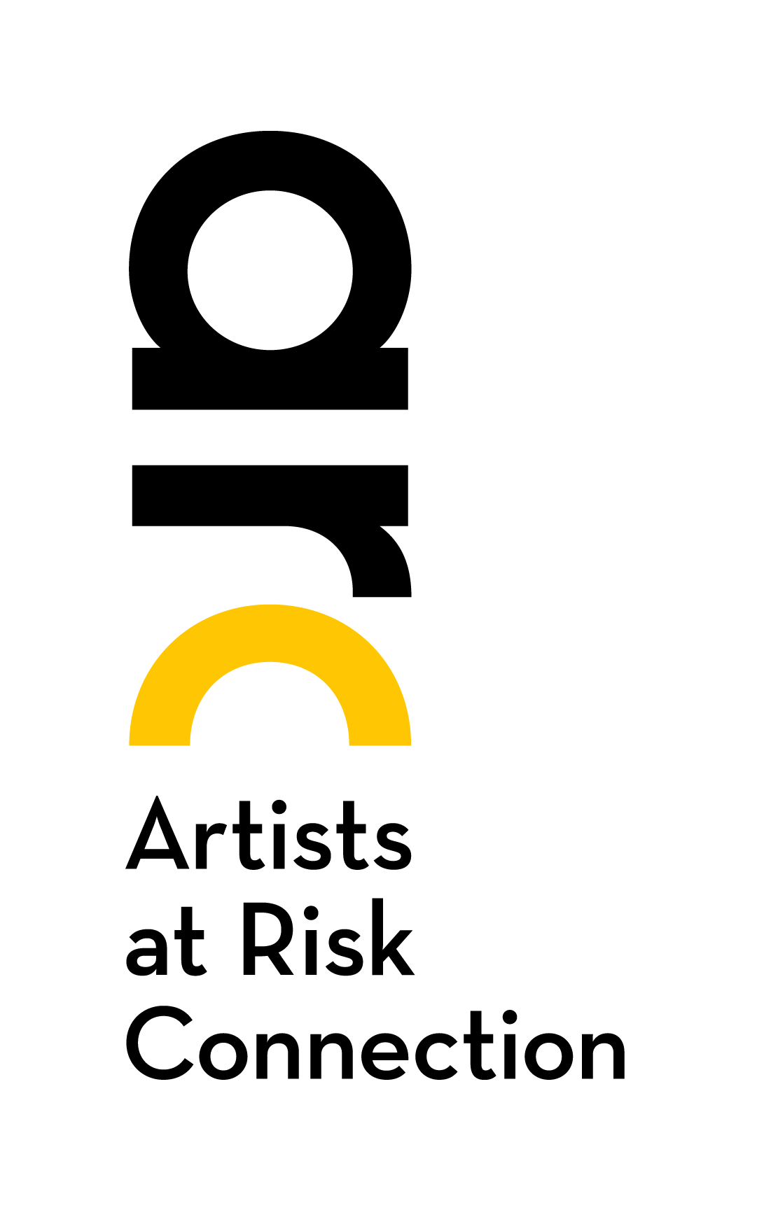 The image shows the logo for Artists at Risk Connection with the letters arc in bold black text, the c is half yellow. Below, Artists at Risk Connection is written in black on a light background.