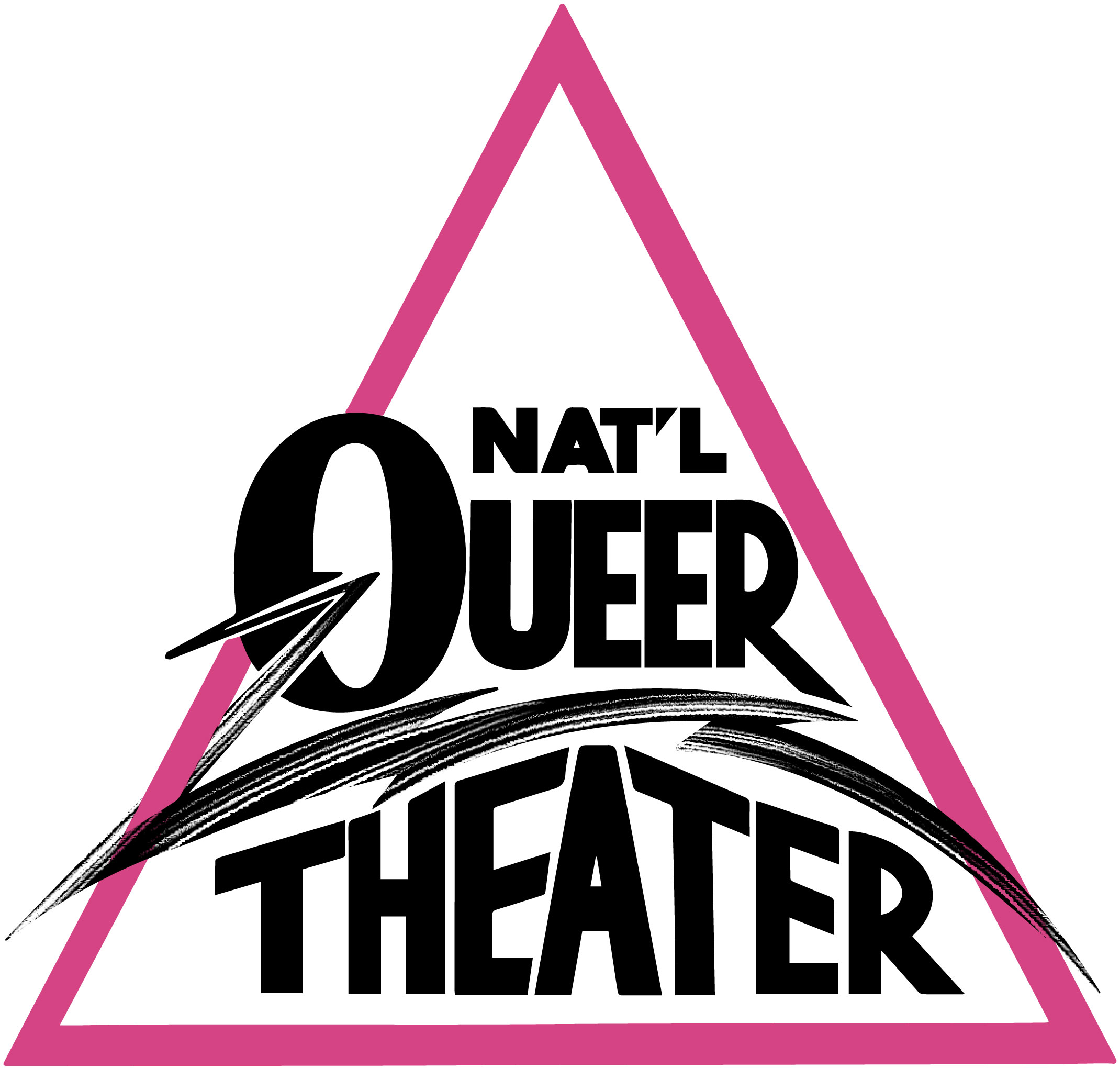 A pink triangle outline with black text inside reading NAT’L QUEER THEATER, with a stylized Q and brushstroke design underlining QUEER and crossing into THEATER.