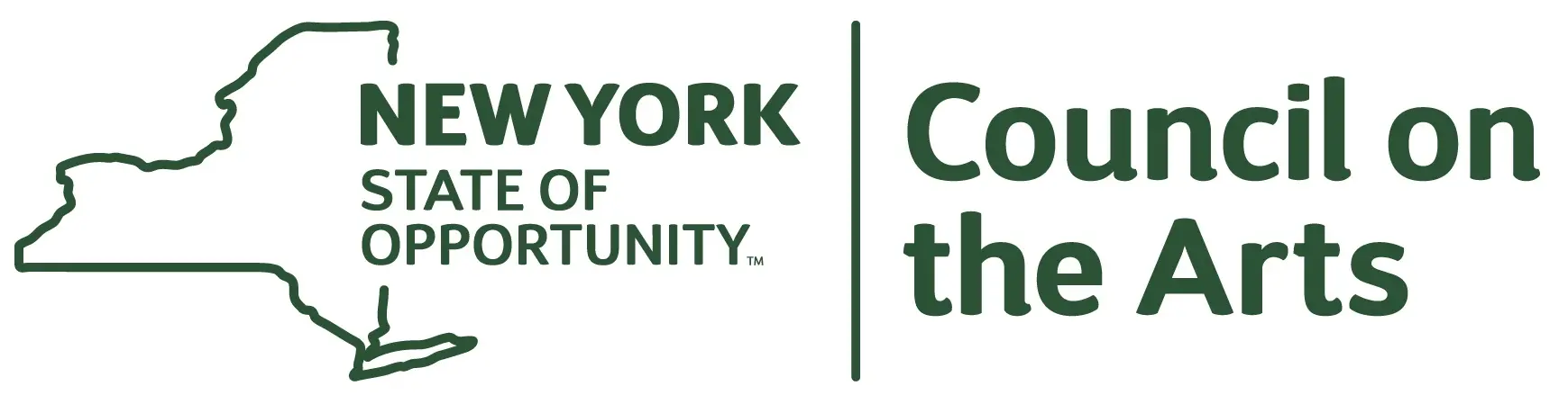 Logo of the New York State Council on the Arts, featuring an outline of New York State and the words NEW YORK STATE OF OPPORTUNITY on the left and Council on the Arts on the right in green text.