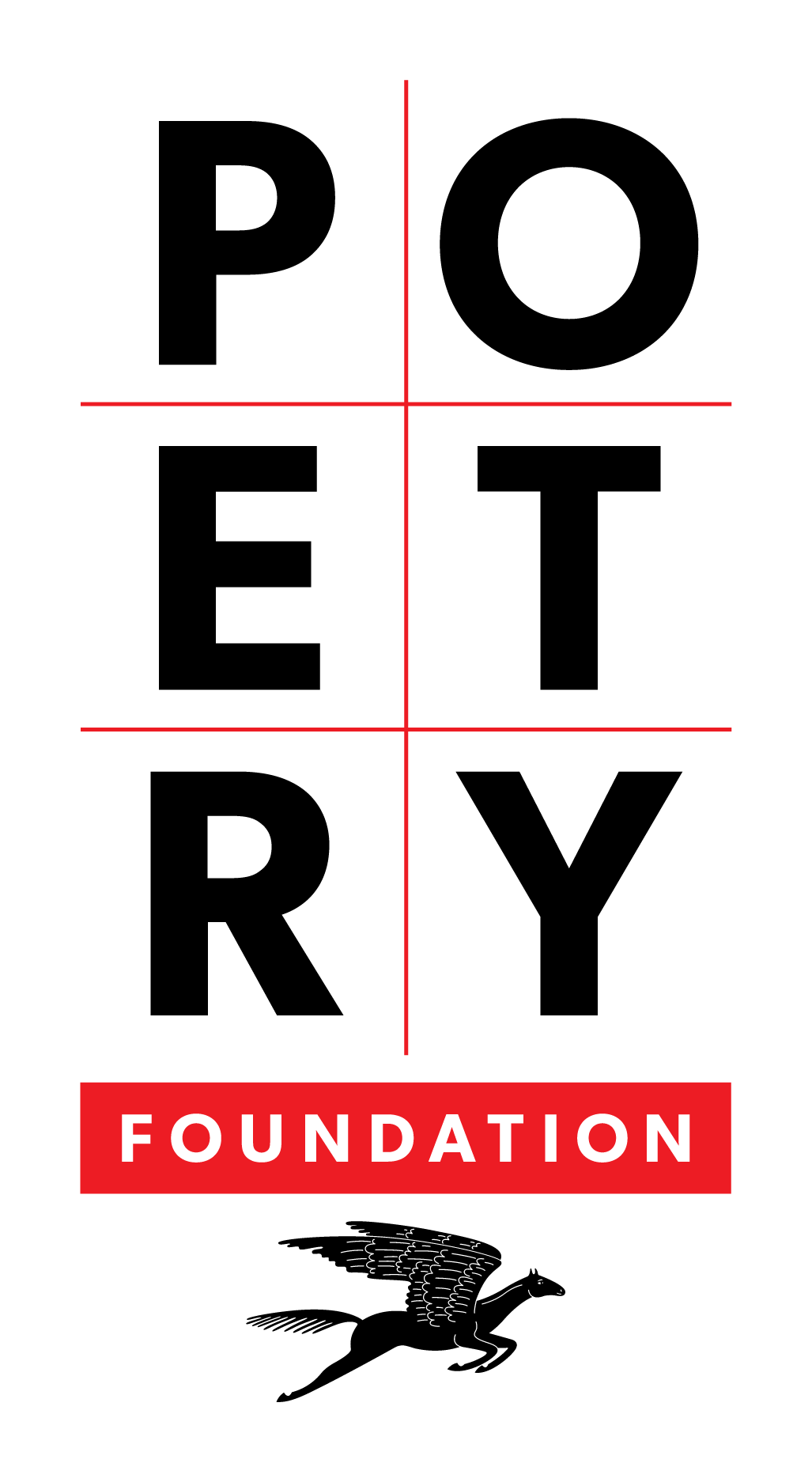 Vertical text spelling “POETRY” in bold black letters divided by red lines, with a red rectangle below containing the word “FOUNDATION” in white, and a black Pegasus icon beneath it.