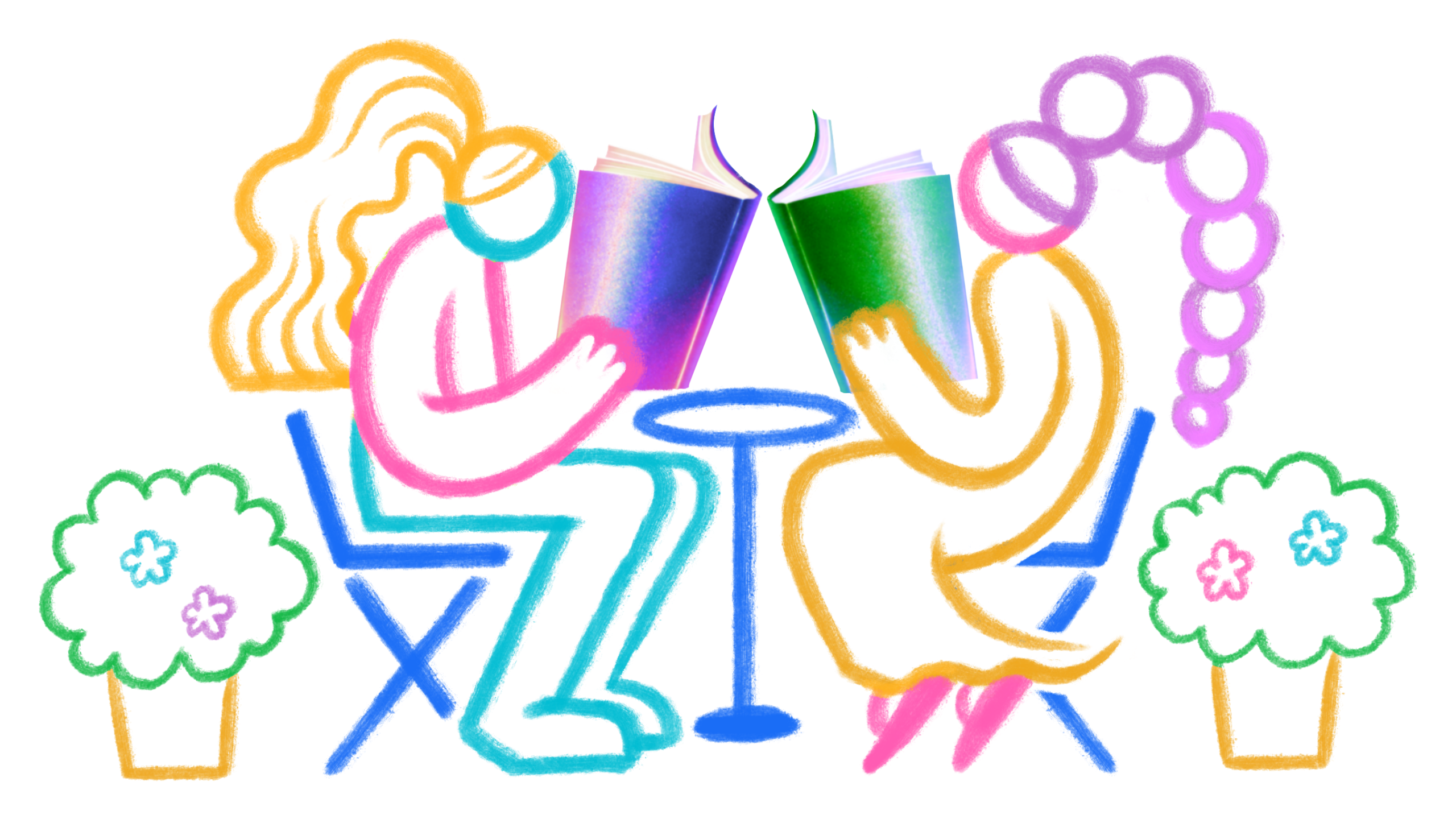 Two abstract, colorful line-drawn figures sit at a small round table, each holding a book that covers their face. There are potted plants with flowers on either side of them.