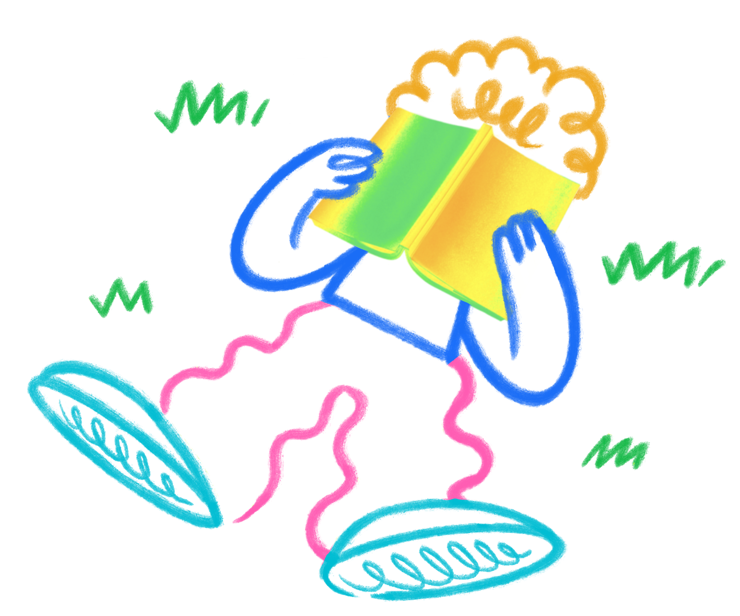 A colorful drawing of a person with curly hair sitting on the grass and holding an open yellow book in front of their face, with squiggly legs and large shoes.
