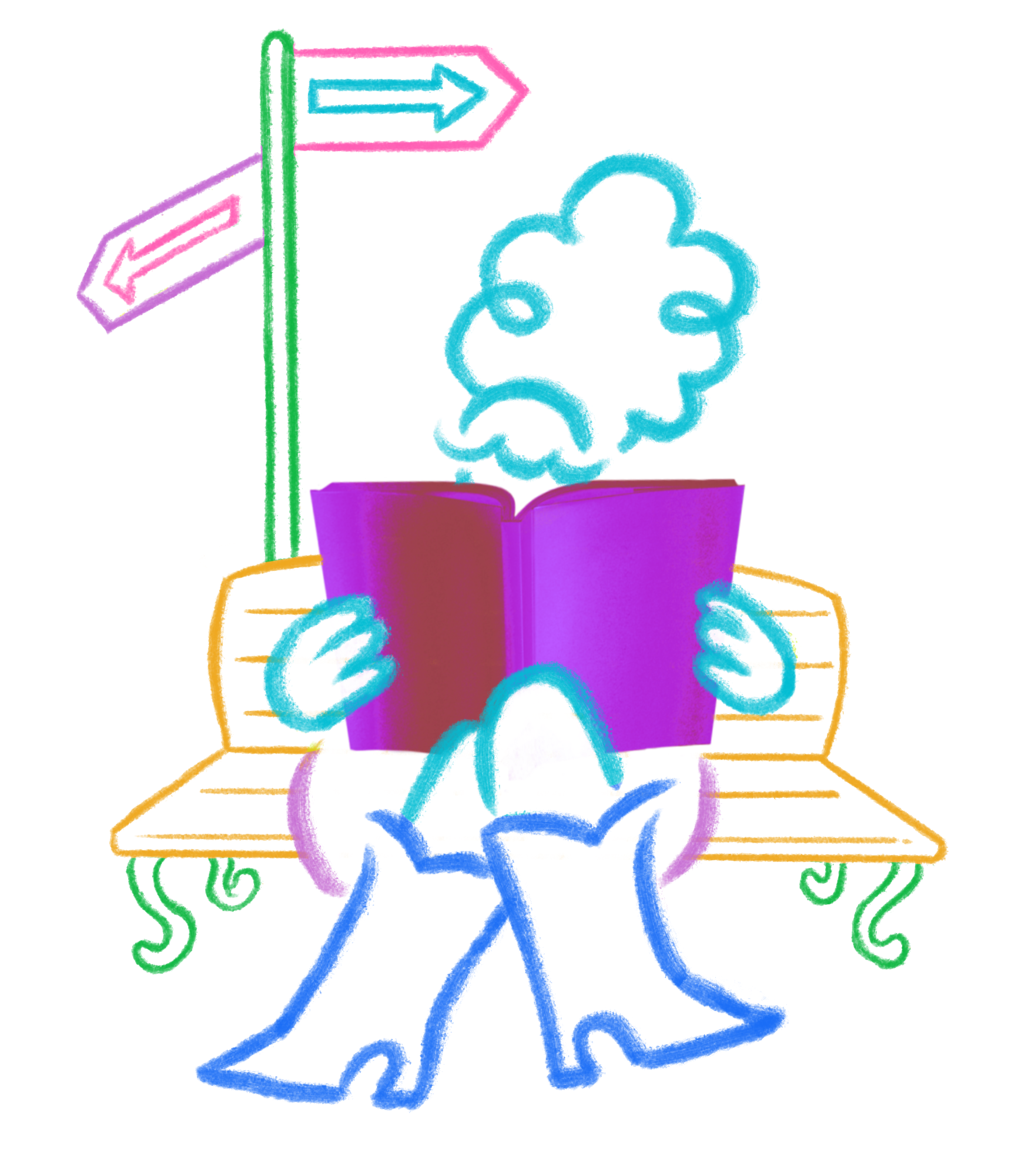 A cloud-shaped figure sits on a bench reading a large purple book. Behind the bench, there is a signpost with two arrows pointing in opposite directions. The image is drawn in bright, colorful lines.