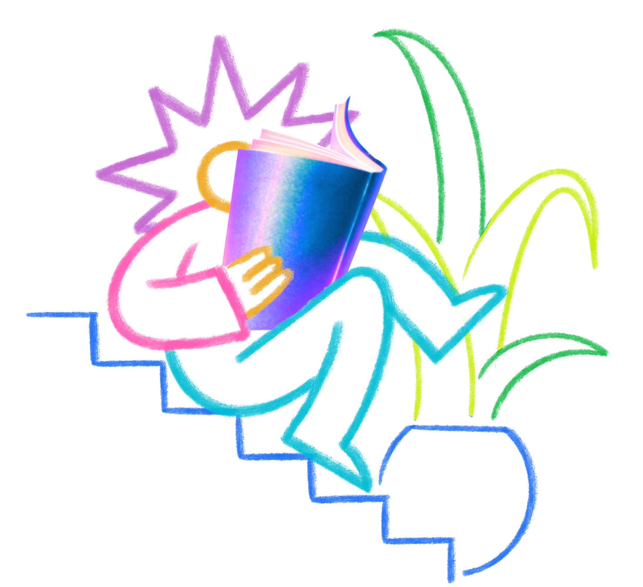 A colorful, abstract drawing of a person with spiky hair sitting on stairs, reading a shiny, iridescent book, with a green leafy plant in the background.