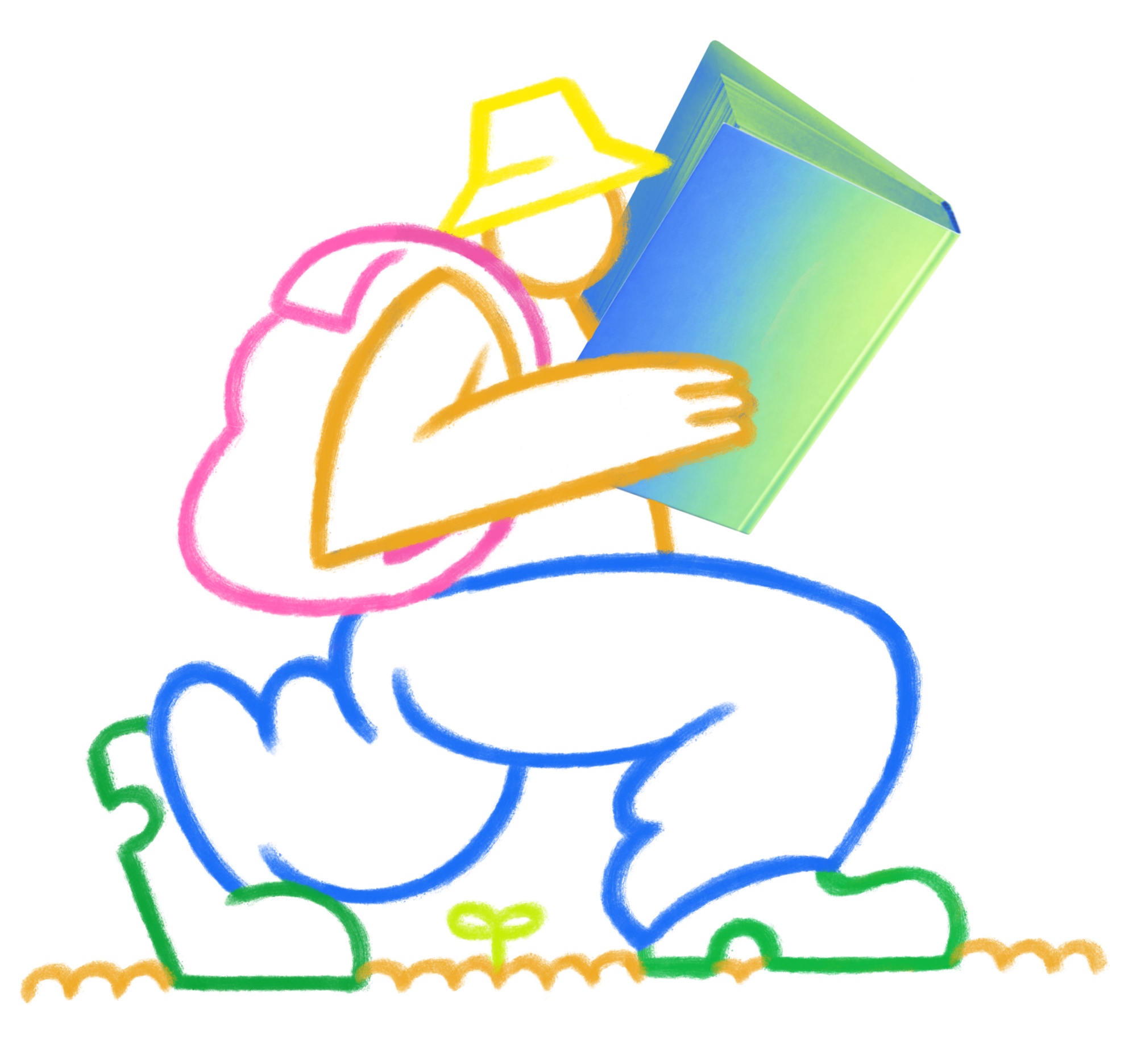 A colorful, abstract drawing of a person wearing a hat and backpack, squatting down to read a large, green book. A small plant grows nearby on the ground. The lines are bright and playful.