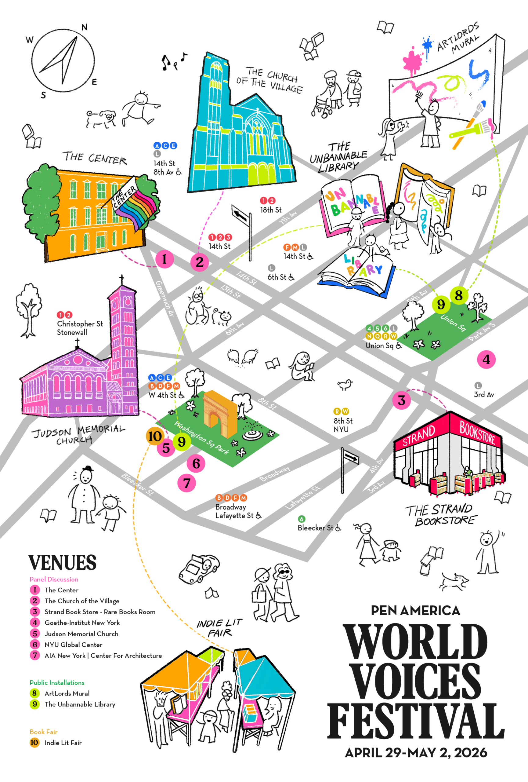 Illustrated festival map showing colorful buildings, books, and people at venues in New York, including churches, a library, The Strand Bookstore, and outdoor areas. Text lists event dates: April 29–May 2, 2026.