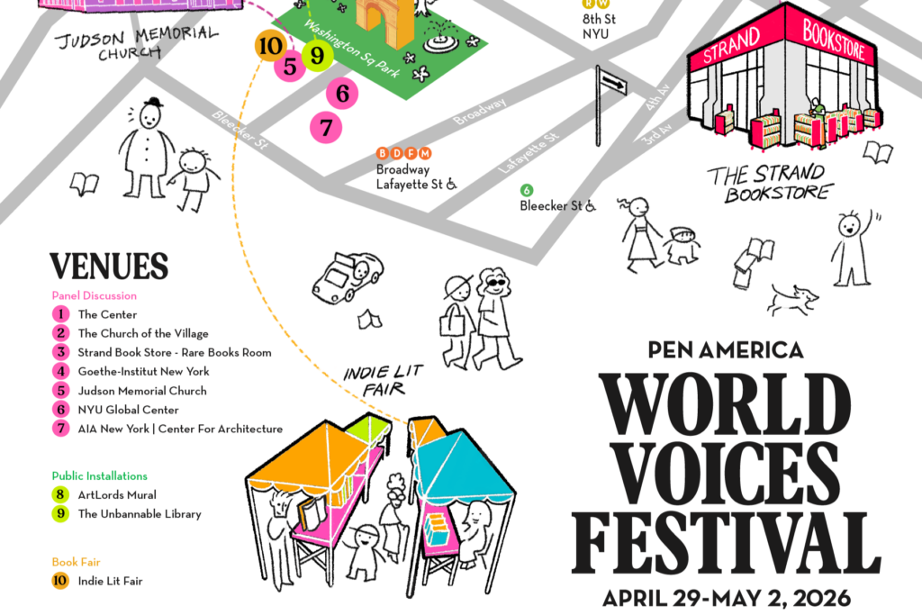 Illustrated map for the Pen America World Voices Festival 2026, showing venues, a fair with booths and people, and The Strand Bookstore. Colorful icons mark event locations around Washington Square Park.