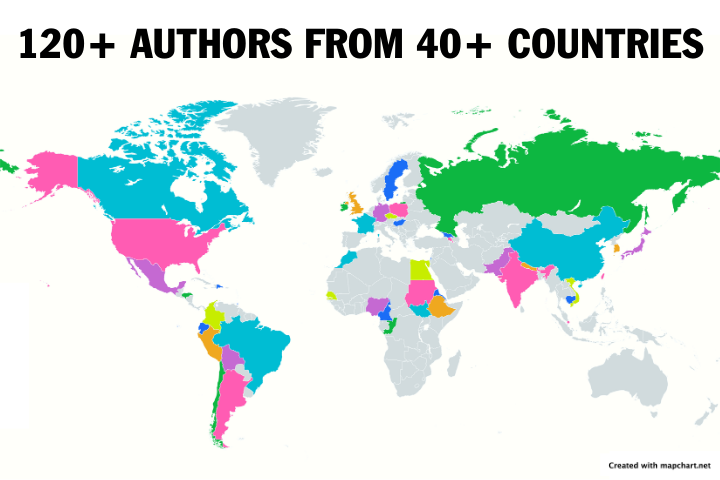 A world map highlighting various countries in different colors with the text 120+ AUTHORS FROM 40+ COUNTRIES at the top, showcasing broad global participation in this vibrant book literary festival.