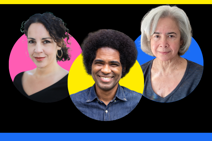 Three people are pictured in overlapping circles with colorful backgrounds: a woman with curly hair on pink, a smiling man with an afro on yellow, and an older woman with gray hair on blue.