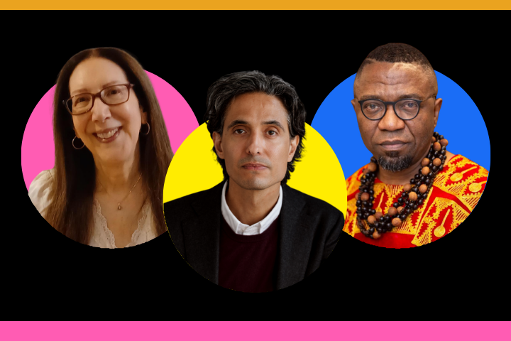 Three people are shown in individual circular frames against a black background: a smiling woman with glasses, a man with dark hair and a neutral expression, and a man wearing glasses and traditional patterned clothing.