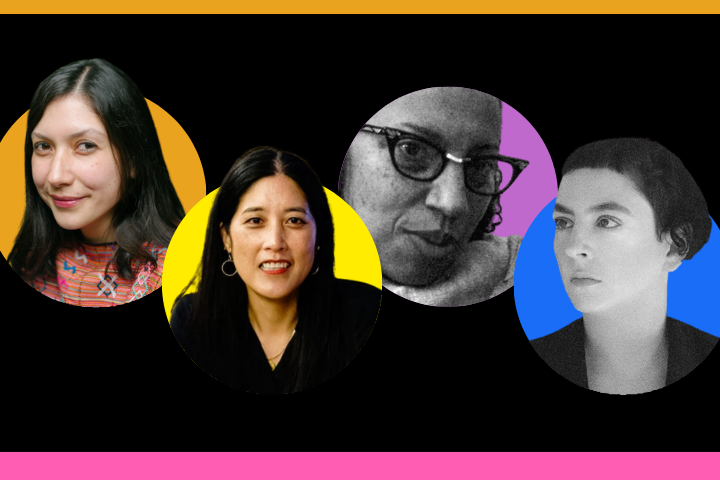 Four women’s portrait photos are shown in circular frames with colorful backdrops—orange, yellow, purple, and blue—against a black background with orange and pink borders at the top and bottom.