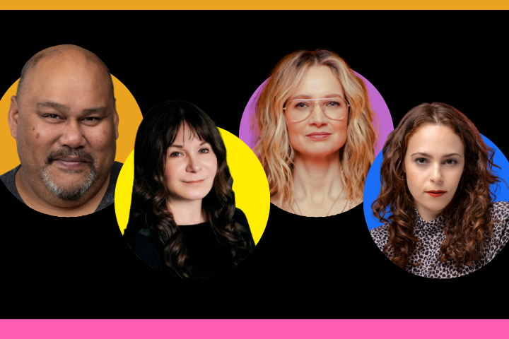 Four people are pictured in front of colorful circular backgrounds: a man with a shaved head on yellow, a woman with long dark hair on yellow, a woman with glasses and blond hair on purple, and a woman with curly brown hair on blue.