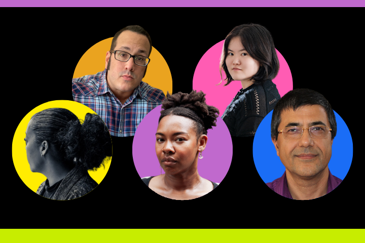 Five people are pictured in front of colorful circles on a black background. Three face forward, while one looks left and another right. The circles are yellow, orange, pink, purple, and blue. Purple and green bars frame the image.