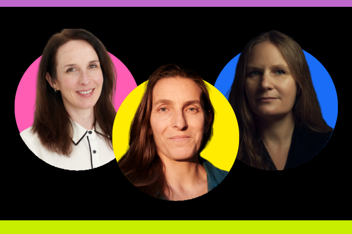 Three women are pictured in circular frames with colorful backgrounds—pink, yellow, and blue—set against a black backdrop with a purple stripe at the top and a lime green stripe at the bottom.