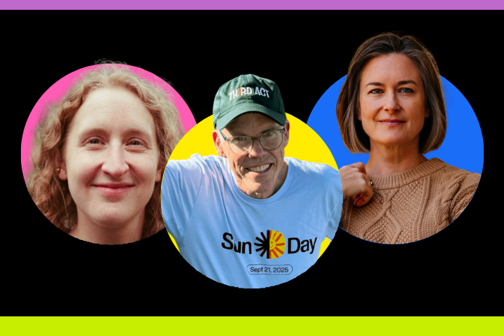 Three adults facing forward: a smiling woman with curly hair on the left, a man in glasses and a cap wearing a Sun Day shirt in the center, and a woman with straight hair and a tan sweater on the right. Colorful circles are behind them.