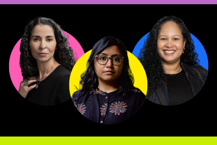 Three women in circular portraits on a black background with colorful backdrops: a woman with curly hair on pink, a woman with glasses on yellow, and a smiling woman with curly hair on blue.