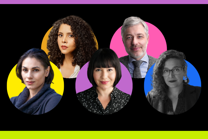 A collage of five people, each in front of a different colored circle (yellow, orange, pink, blue, purple) on a black background, with colored bars at the top and bottom.