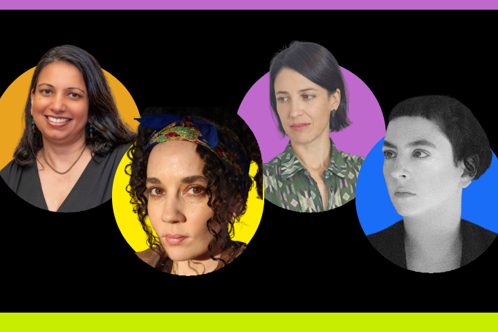 A collage of four women against a black background, each in a colorful circular frame: yellow, purple, blue, and no color. They are facing forward or sideways, with various hairstyles and expressions.
