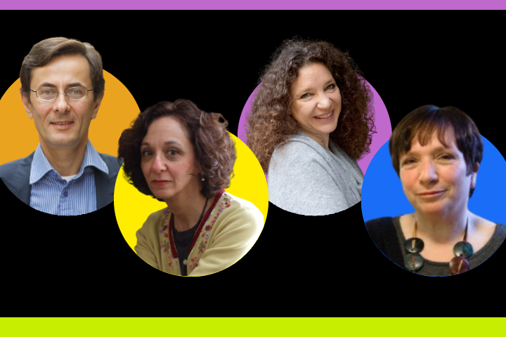 Four people are shown in circular frames against a black background with bright gradient borders. Each frame has a different colored background: yellow, purple, or blue. All four are smiling or displaying neutral expressions.