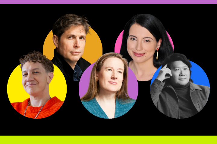 A collage of five people in colorful circles on a black background, each headshot framed by a different bright color: yellow, orange, blue, pink, and purple. A purple bar is at the top and a yellow-green bar at the bottom.