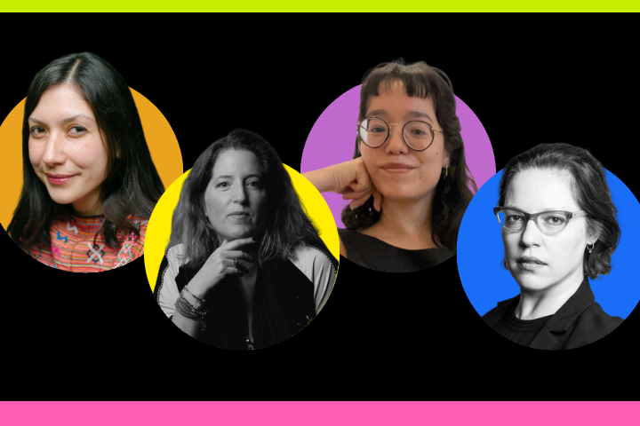 Four women are pictured in oval frames with colorful backgrounds (green, yellow, purple, blue) on a black background with bright green and pink borders. Three are in color, one in black and white. All face forward and look at the camera.