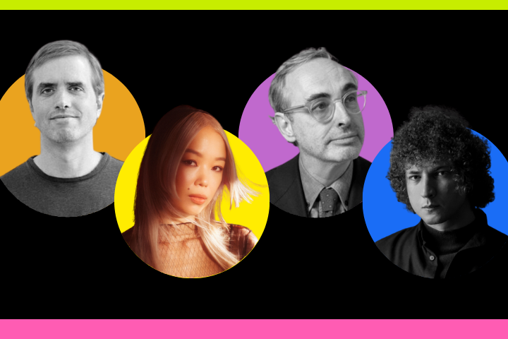 A collage of four people in circular frames with colorful backgrounds—orange, yellow, purple, and blue—over a black background with green and pink borders at the top and bottom.