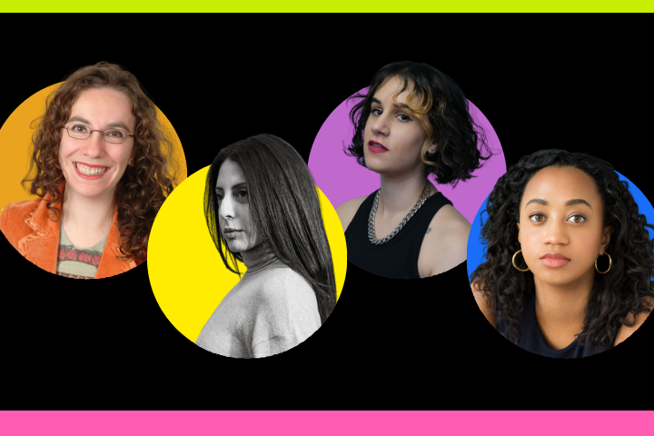 Four women are shown in circular portraits with colorful backgrounds—green, yellow, purple, and blue—against a black backdrop bordered by lime green and pink stripes. Each woman has a unique expression and style.