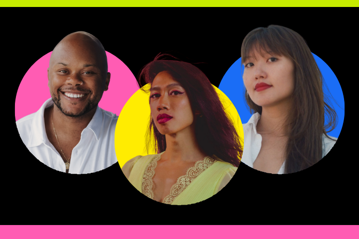 Three people pose in front of colored circles: a smiling man before a pink circle, a person in a yellow dress before a yellow circle, and a woman with long hair before a blue circle, all on a black background with neon borders.