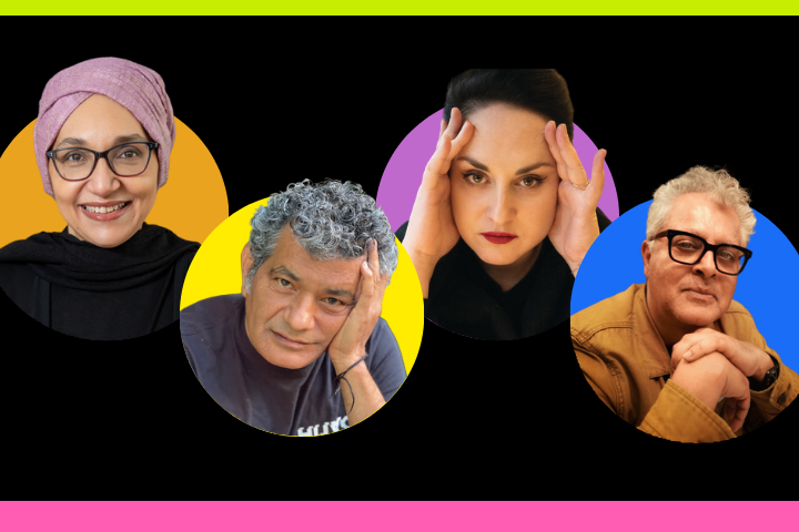 Four people are shown in colorful circular frames on a black background with bright green and pink borders. Each person has a distinct pose and expression, ranging from smiling to thoughtful.