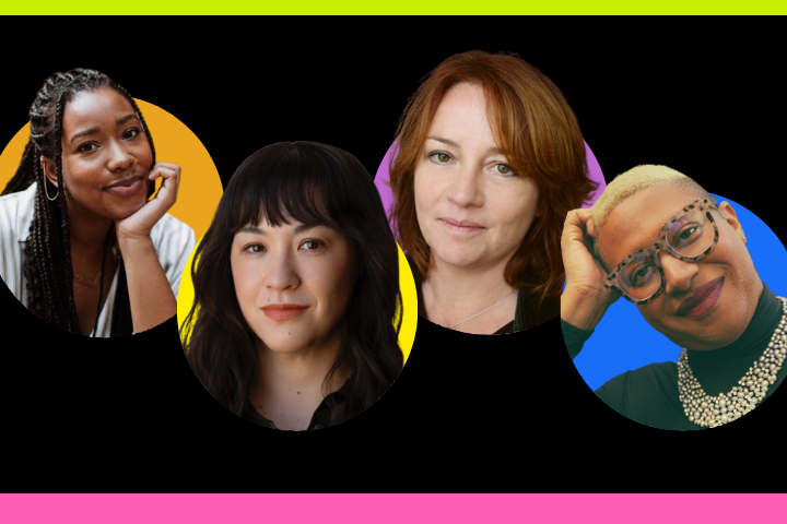 Four women are pictured in circular frames against a black background with neon green at the top and neon pink at the bottom. Each frame has a different colored backdrop: orange, yellow, purple, and blue.