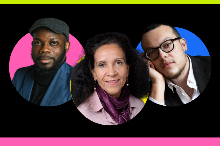 Three people are shown in individual circular frames against a black background with colorful pink, yellow, and blue accents. The group includes a bearded man in a cap, a woman with long curly hair, and a man with glasses resting his face on his hand.