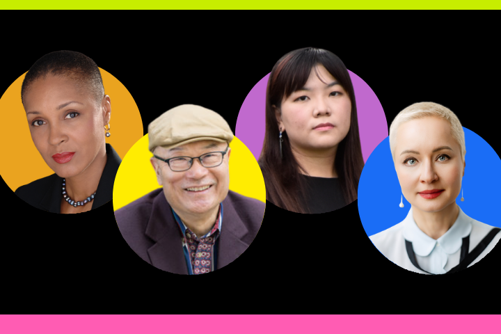 Four people are shown in circular portraits against a black background with neon green and pink borders; each person has a different colored circle behind them: orange, yellow, purple, and blue.