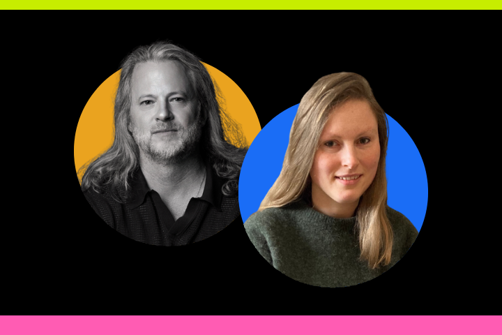 Two people, one man with long hair in front of an orange circle, and one woman with straight hair in front of a blue circle, are shown on a black background with neon green and pink borders at the top and bottom.