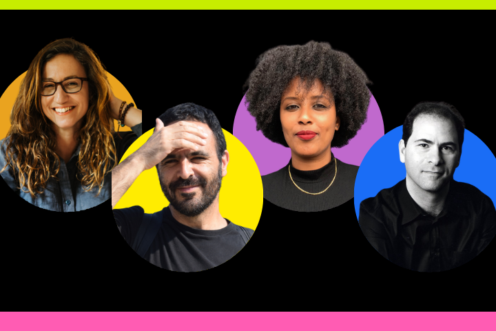 Four people are shown in colorful circular cutouts on a black background with bright green and pink borders. Two women and two men face forward, each circle filled with a different bright color.