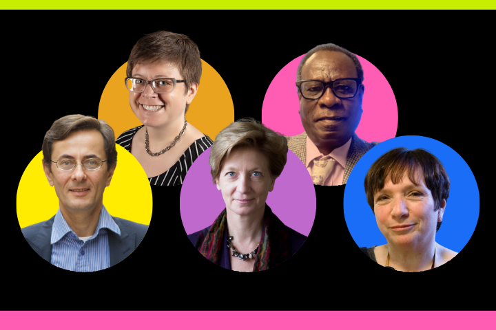 Five people are shown in individual color circles (yellow, orange, pink, blue) against a black background with neon green and pink borders. Three women and two men are smiling and appear in professional attire.